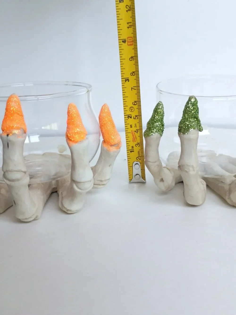 Set of 2 Halloween Ghoul Skelton Hand Glitter Nails Orange Green Candle Holders
